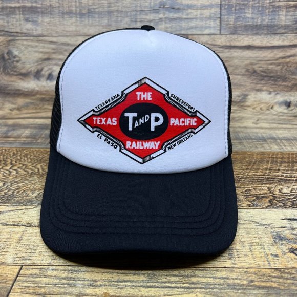 Defunct T&P Railway Mens Trucker Hat Black Snapback Texas & Pacific Vintage Logo - Picture 2 of 8